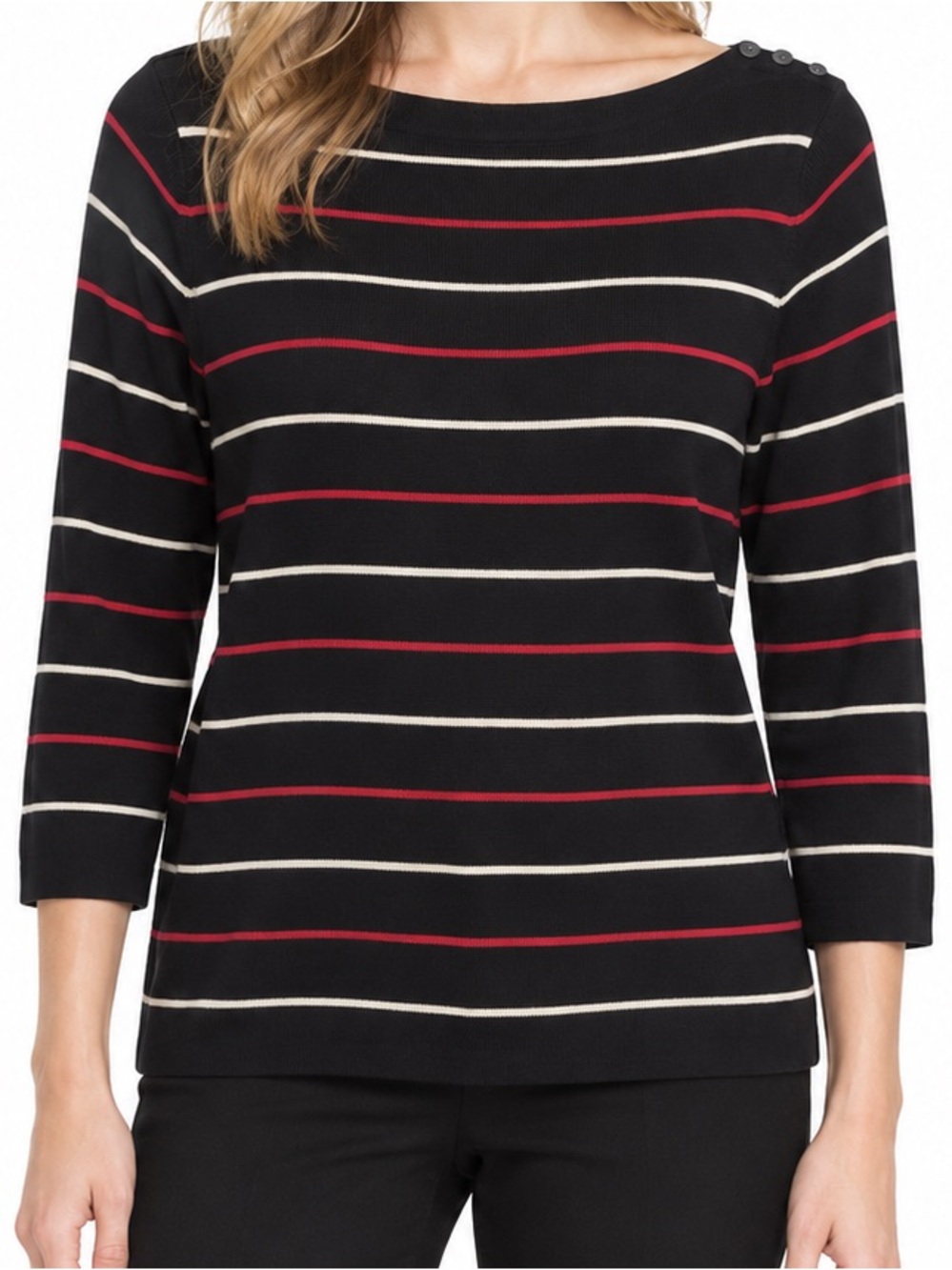 Ann Taylor 100% Silk Striped Boatneck Sweater Black Red Ivory Size L
